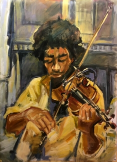 Ton Sommen_Cuba Streetjazz violist_acryl op polyesterdoek_100X75